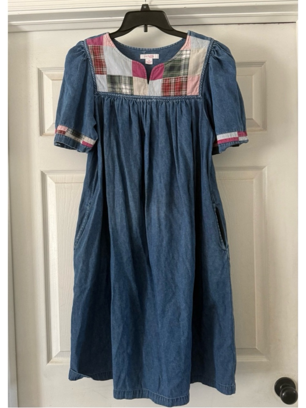 Go Softly Patio House Dress Small Denim Blue Pullover Quilted Patchwork MuuMuu